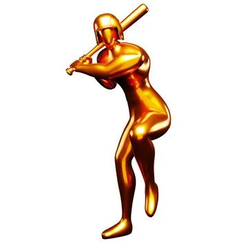3d Bronze Baseball Player Clip Art Holding Up With a Baseball Bat While Lif.. Illustrazione stock