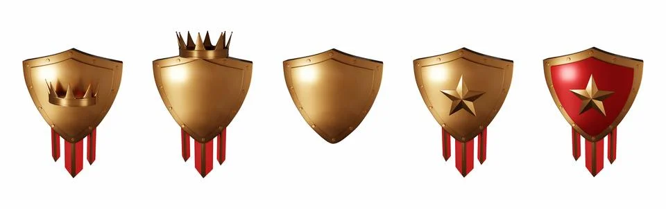 3D bronze shield set, level up game badge, realistic metal render trophy Stock Illustration