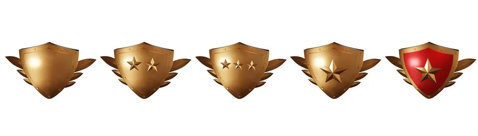 3D bronze shield set, medieval royal award kit, realistic metal render trophy Stock Illustration