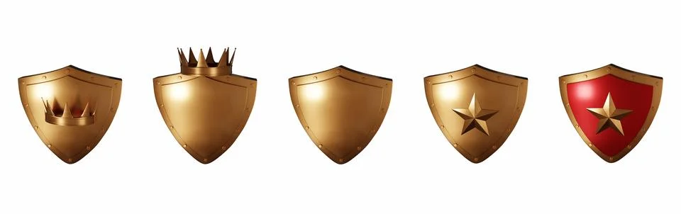 3D bronze shield set, realistic metal render trophy, level up game badge Stock Illustration
