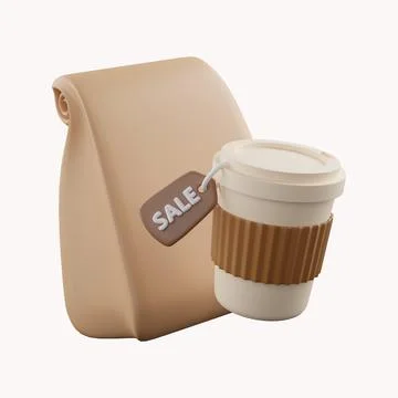 3D brown coffee cup with lid and stripes rendering icon Stock Illustration