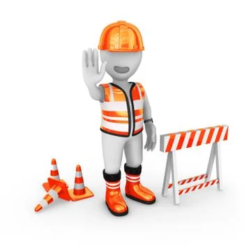 3d builder in orange suit shows stop gesture Stock Illustration