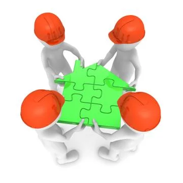 3d builders with house puzzle Illustrazione stock