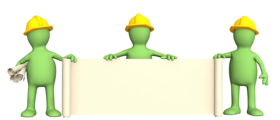 3d builders with rolls of documents Stock Photos