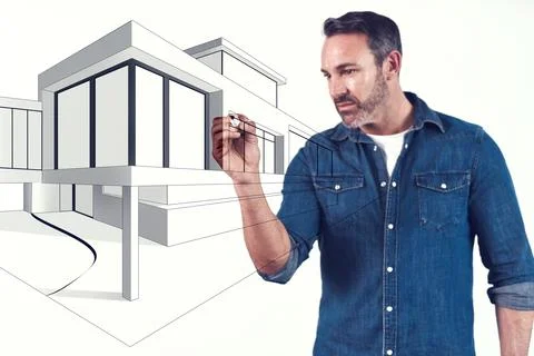 3d building, architect and design in studio with overlay, planning and house on 写真素材