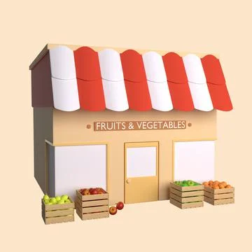 3d building of fruit and vegetable store isolated on yellow background Stock Illustration