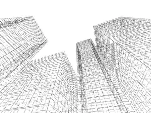 3d Buildings perspective, black wire frame lines Ilustración de archivo