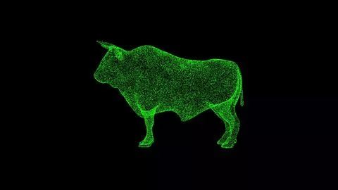 3D bull on black bg. Object dissolved green flickering particles. Business ad イラスト素材