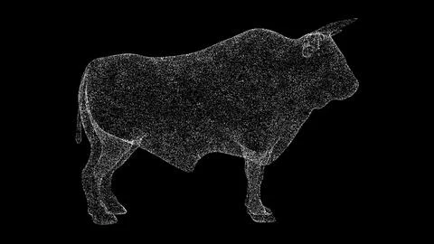 3D bull on black bg. Object dissolved white flickering particles. Business ad Illustrazione stock