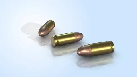 3D Bullets Fallen on a Reflective Floor. Bullets 3D Animation. Gunshot. 4K Stock Footage 286862579