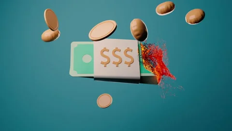 3D bundle of cash being disintegrated and coins inflated as balloons. Stock Footage 170483178