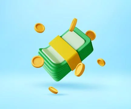 3D Bundle of paper money with floating gold coins. Stock Illustration