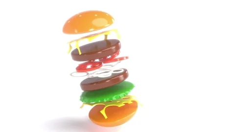 3D burger food flying isolate on white bg able to loop endless Video stock 297256730