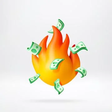 3D Burning banknotes in fire flame. Stock Illustration