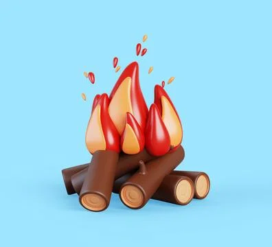 3d burning fire flame, campfire with logs and woods for camping. Bonfire with Illustrazione stock