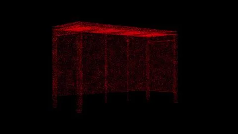 3D bus stop on black bg. Object dissolved red flickering particles. Busines.. Illustrazione stock