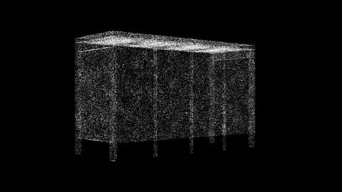 3D bus stop on black bg. Object dissolved white flickering particles. Busin.. Illustrazione stock