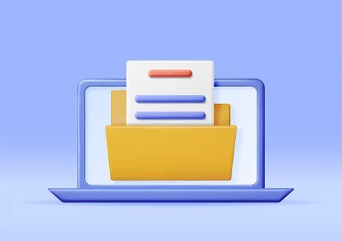 3D Business Folder Full of Papers on Laptop 스톡 일러스트