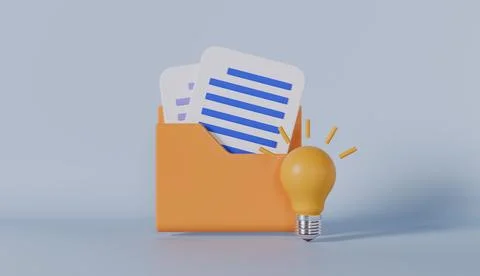 3D Business Folder full of Papers and Idea Bulb Иллюстрация