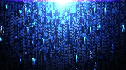 3D Business Icons Hovering on Random Binary Code Background with Blue Lighting Stock Footage 131913477