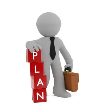 3d business man with red cubes and the word plan Stock Illustration