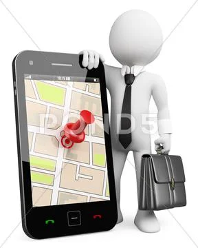 3d business white people. mobile phone with gps Stock Illustration