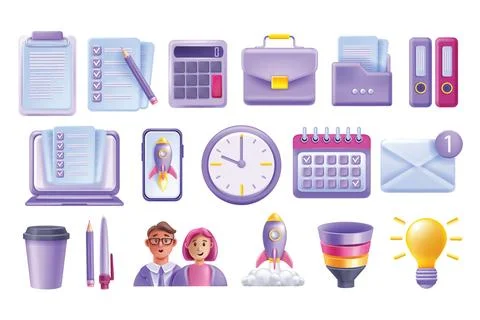 3D business work icon set, office vector stationery kit, management calendar Stock Illustration