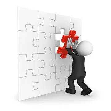 3d businessman in black suite assembling last puzzle piece Illustrazione stock