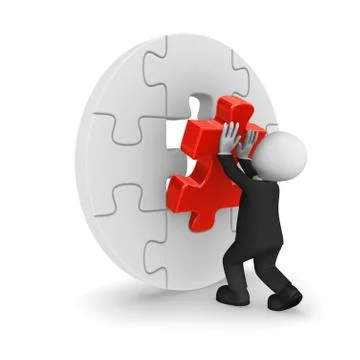 3d businessman in black suite assembling final puzzle piece Stock Illustration