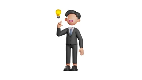3d businessman character with a pose of getting an idea beside a light bulb Stock Footage 219593041