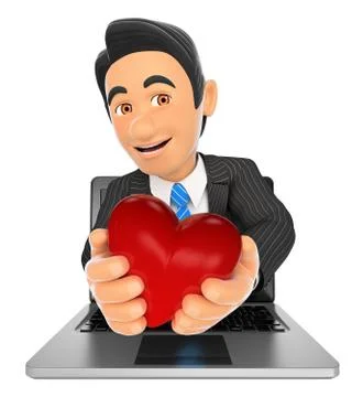 3D Businessman coming out a laptop screen with a red heart Stock Illustration