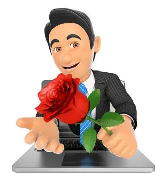 3D Businessman coming out a laptop screen with a red rose Stock Illustration