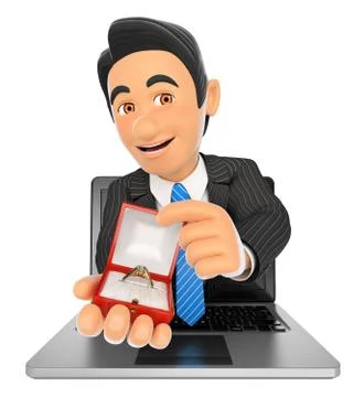 3D Businessman coming out a laptop screen with an engagement ring Stock Illustration