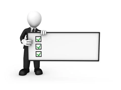 3d businessman with the empty board with check marks. Stock Illustration