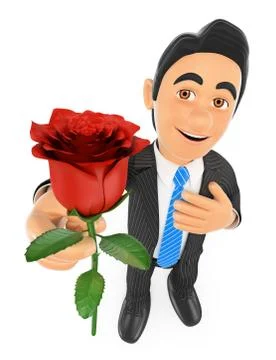 3D Businessman giving a red rose with hand on heart. Love concept Stock Illustration