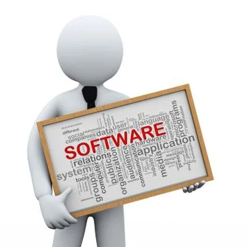 3d businessman holding software wordcloud Ilustración de archivo