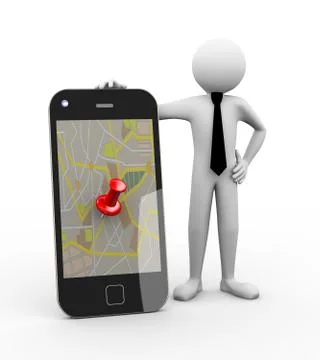 3d businessman - mobile with gps map Stock Illustration