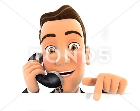 3d businessman on phone and pointing to empty wall Stock Illustration