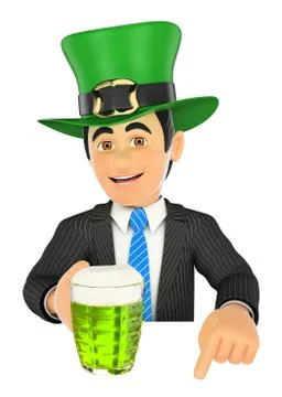 3D Businessman pointing down with Saint Patrick day hat and a beer. Blank spa Stock Illustration