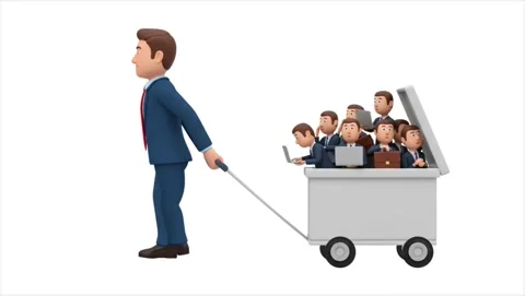 3d businessman pulling wagon full of working employees animation 库存影片 344236129