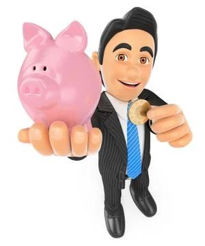 3D Businessman putting a coin in a piggy bank. Concept of saving Stock Illustration