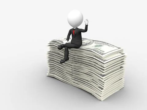 3d businessman sitting on top of stack of dollar with hand raise Stock Illustration