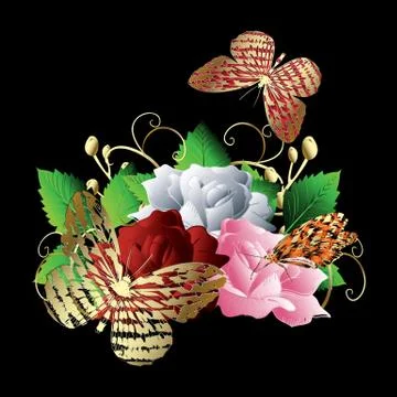 3d butterflies pattern. Vector colorful illustration. Black floral background Stock Illustration