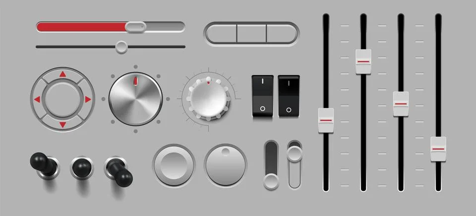 3d button. Control slider knob. Sound switch panel or metal radio dial. Stereo Illustrazione stock