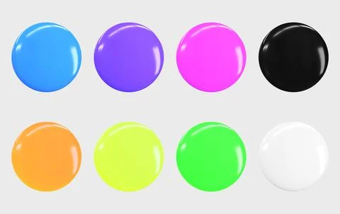 3D Button icons set. Realistic mockup of blank round glossy badges blue, purple Illustrazione stock