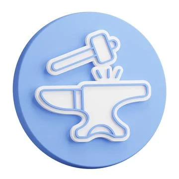 3D button rendering of hammer hits the anvil. Blacksmith craft, production .. Illustrazione stock