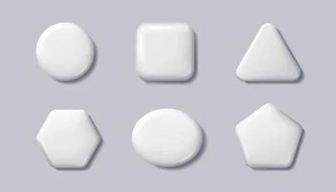 3D buttons. White pin badge. Plastic glossy frame for label or logo. Blank push Stock Illustration