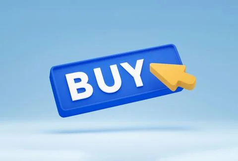 3d buy button with mouse click symbol isolated on pastel blue background. Mod Illustrazione stock