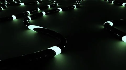 3D cables with neon stripes. Design. Energy flows in black computer cables. Neon Illustrazione stock