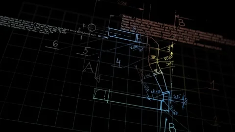 3D CAD Mechanical Engineering Duct Design Blueprint Layout with Technical Text Stock Footage 342018743